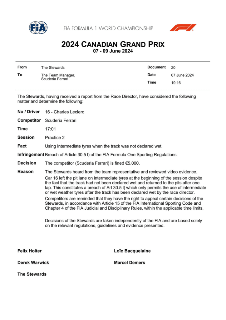 2024 f1 canada gp stewards ferrari