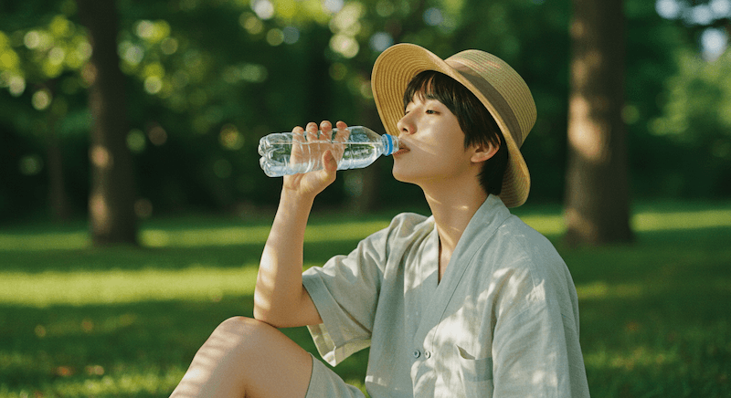 アウトドアの熱中症対策で水分補給をしている男性