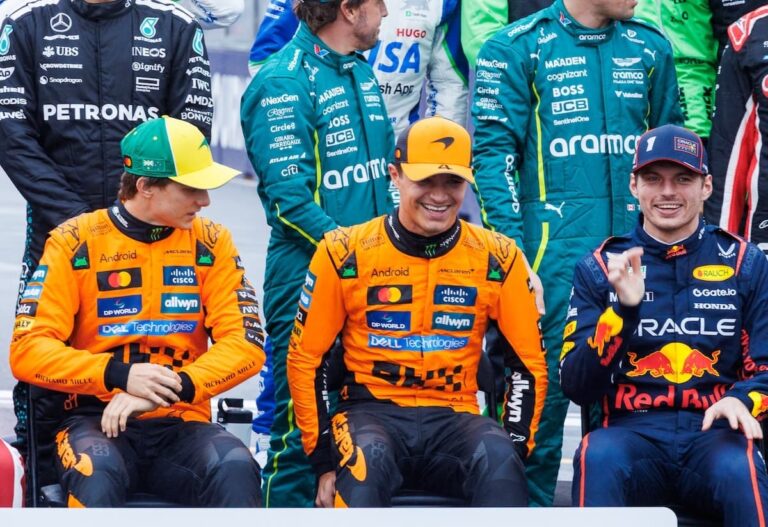 lando norris oscar piastri （左）オスカー・ピアストリ（中央）ランド・ノリス（右）マックス・フェルスタッペン フェルスタッペン離脱、ピアストリ加入？ 浮上した移籍説を当事者たちが否定