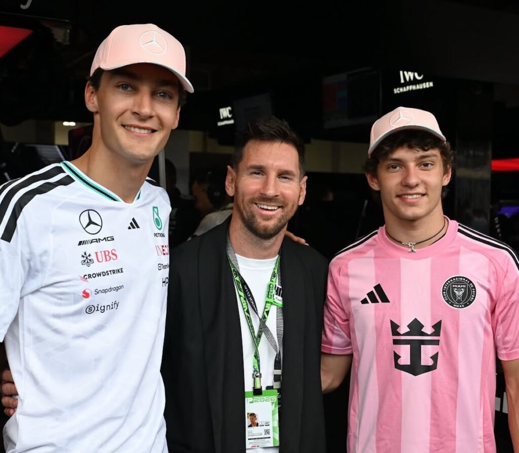 messi mercedes miami gp 2026 (左)ジョージ・ラッセル(中央)リオネル・メッシ(右)キミ・アントネッリ