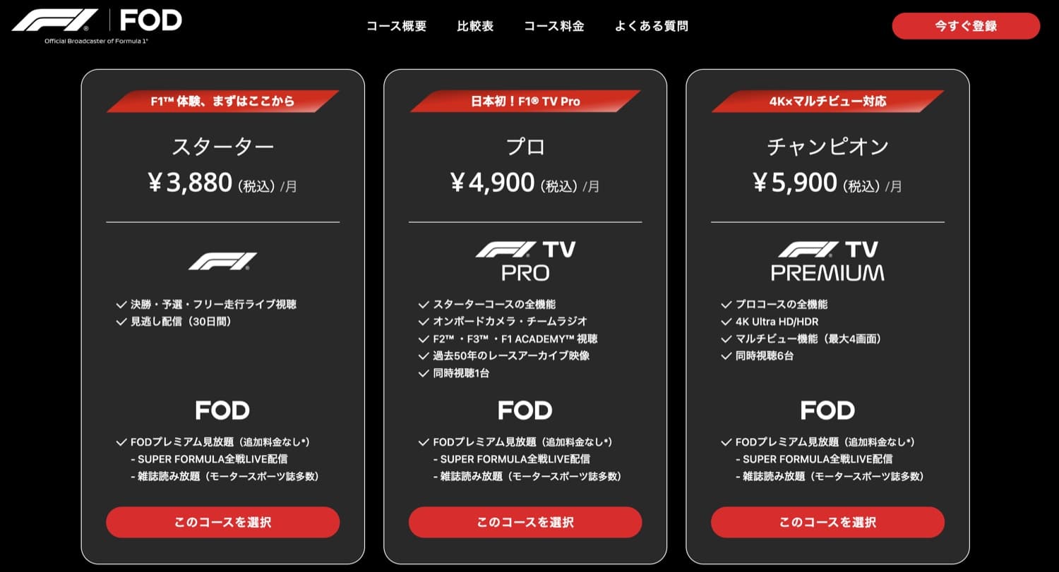 FOD F1プランの料金3コース（スターター・プロ・チャンピオン）公式ページ