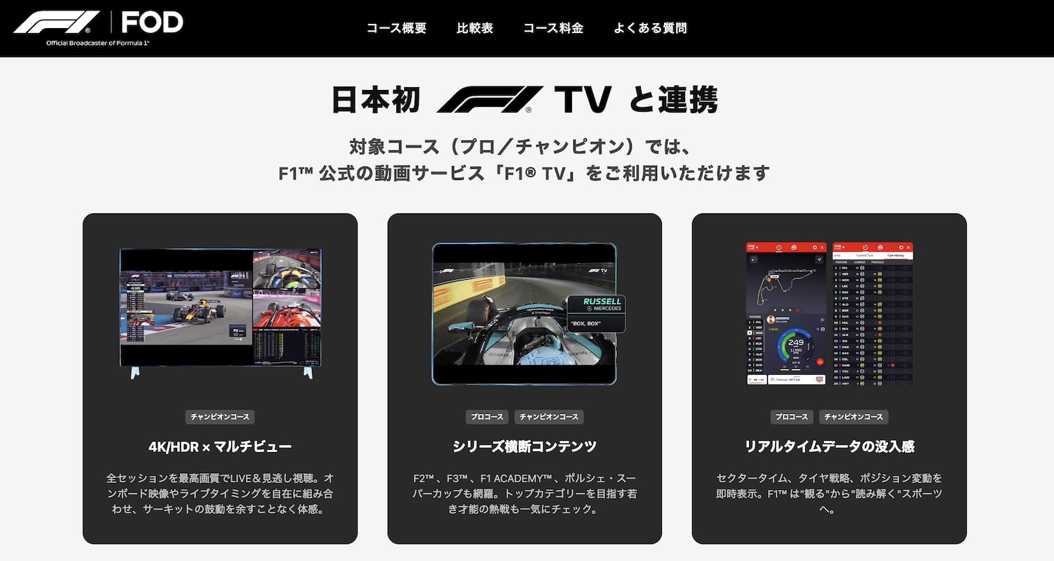FOD公式「日本初 F1 TVと連携」説明ページ（プロ／チャンピオン対象）